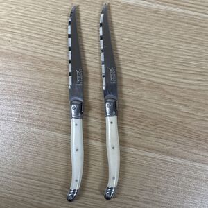 Pair of 2 Jean Dubost Laguiole Ivory Steak Knives Made in France Bumble Bee 9”